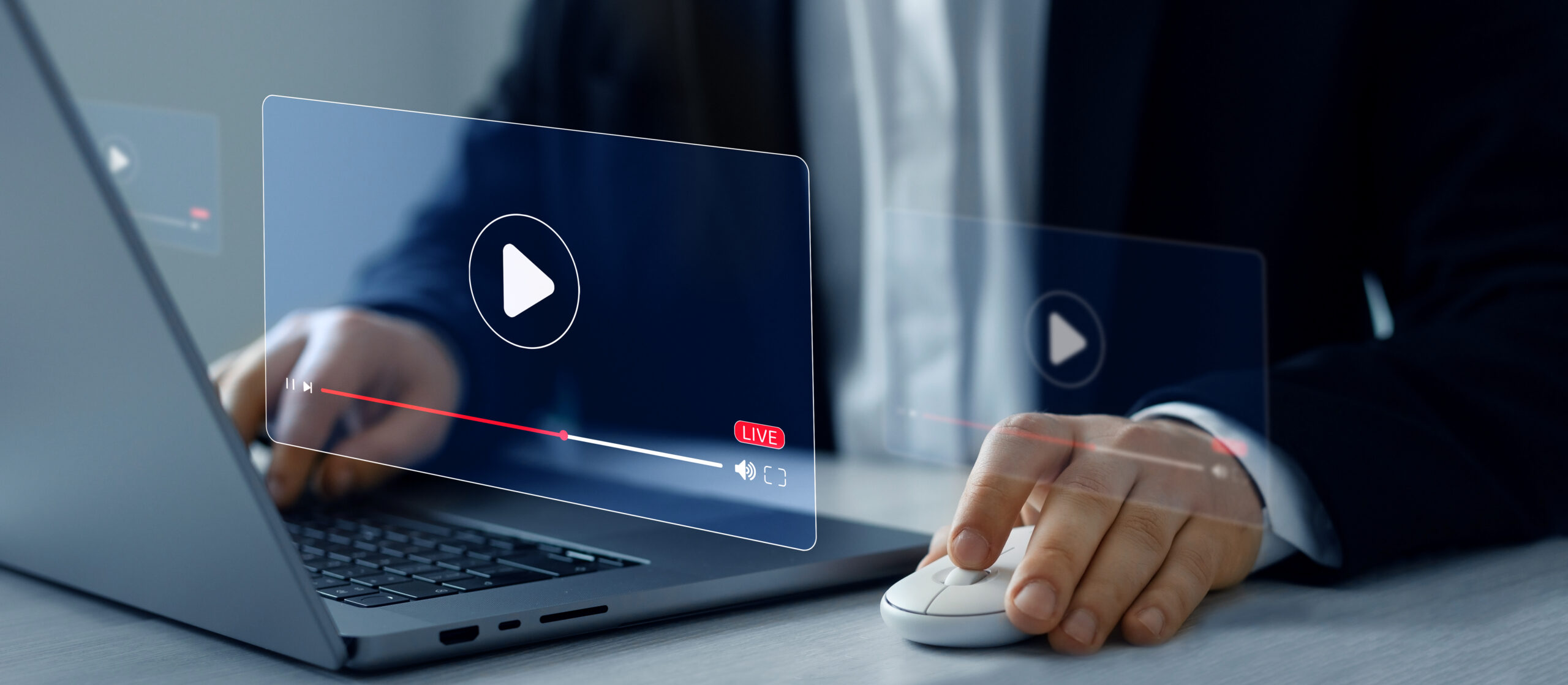 Businessman watching online live training.Live digital multimedia player.Digital online live stream window. Video streaming on internet media.